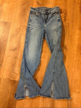 American Eagle Festival Flair Light Blue Flare Jeans with Stud Accents 4 short